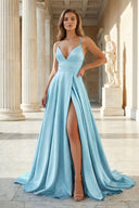 Pink Spaghetti Straps Satin Backless A Line Prom Dress With Pockets - KissProm