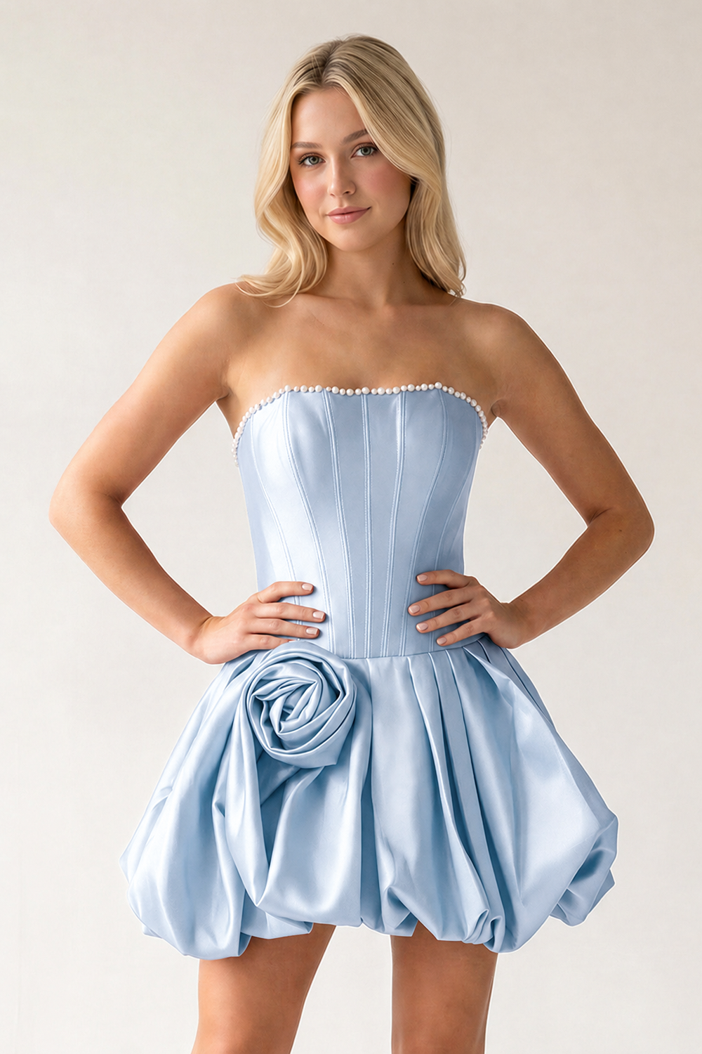 Sky Blue A-Line Bubble Hem Satin Strapless Corset Homecoming Dress – Homecoming Dress by KissProm | Available at KissProm