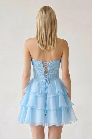 Sky Blue Ruffled A-Line Chiffon Sweetheart Corset Homecoming Dress With Beading - KISSPROM