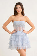 Sky Blue A-Line Strapless Scoop Tiered Sleeveless Short Homecoming Dress - KISSPROM
