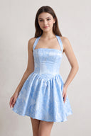 Sky Blue Halter Jacquard Ruched A-Line Homecoming Dress - KissProm