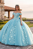 Sky Blue Off Shoulder 3D Floral Applique Quinceanera Dresses - KISSPROM