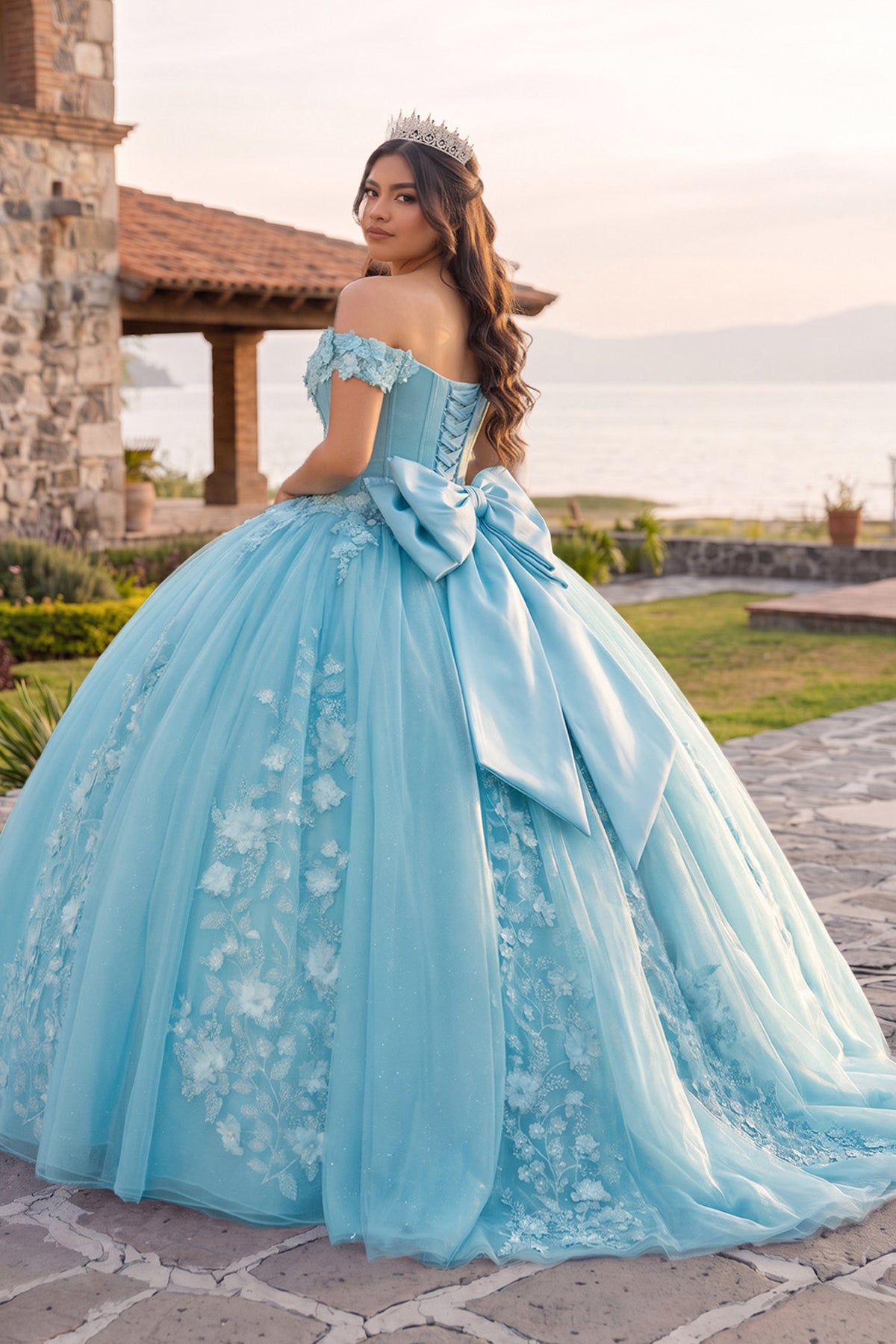 KissProm Off Shoulder 3D Floral Applique Quinceanera Dresses, Sky Blue / 0
