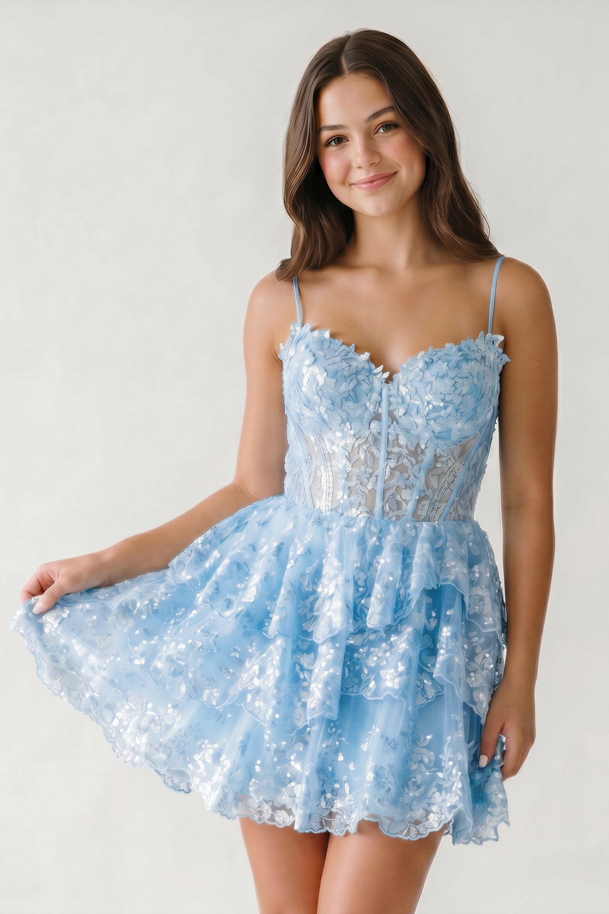 KissProm A- Line Sky Blue Sequins Multi-Layers Short Homecoming Dress, Sky Blue / 18