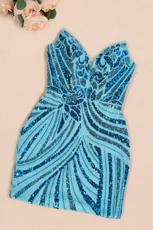 Sky Blue Strapless V Neck Sequins Bodycon Short Homecoming Dresses - KISSPROM