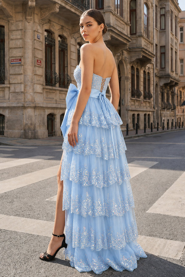 Sweetheart Light Blue Lace Appliques Ruffle Long Formal Gown - KissProm