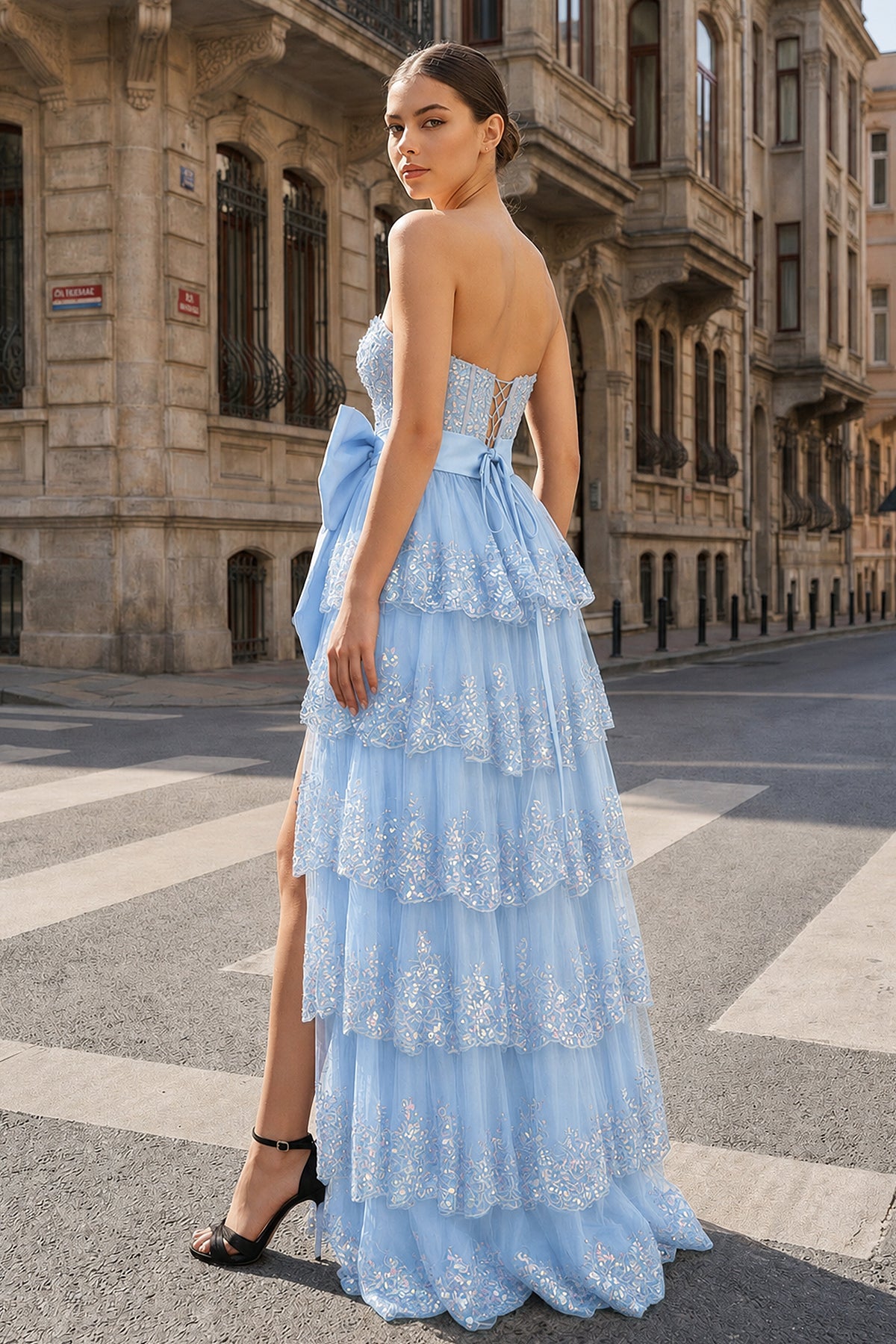 A-Line Sweetheart Sequin Ruffles Long Prom Dresses with Bow