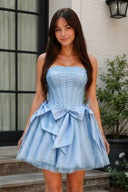 Pink Strapless Tulle A-Line Short Corset Homecoming Dress with Bow - KissProm