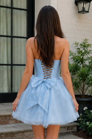 Pink Strapless Tulle A-Line Short Corset Homecoming Dress with Bow - KissProm
