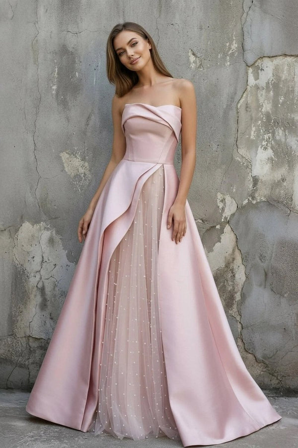 Sleeveless Satin A - Line Floor - Length Evening Gown Slit with Tulle Strapless Prom Dress - KissProm