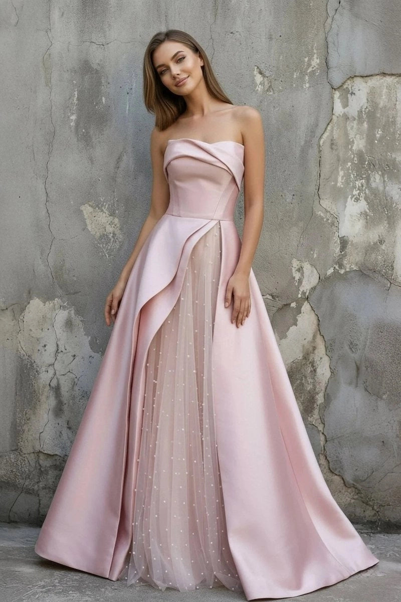 pink satin prom dress with slit Stacees 2026 Red A-Line Strapless Corset Prom Dress with Pleats Slit