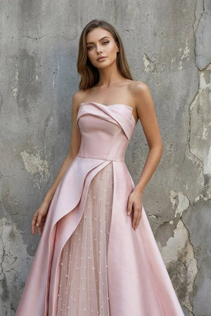 Sleeveless Satin A - Line Floor - Length Evening Gown Slit with Tulle Strapless Prom Dress - KissProm