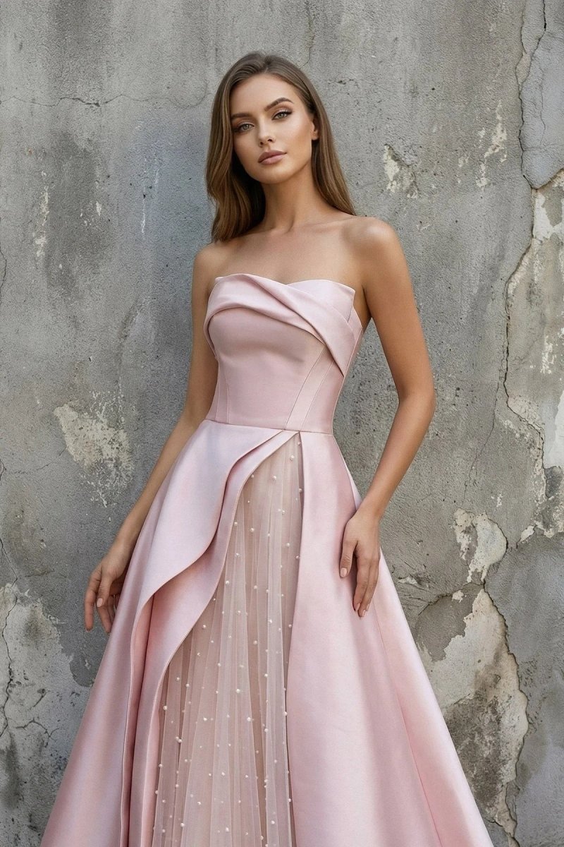 Pink Satin A-Line Floor-Length Evening Gown with Slit Strapless Prom Dress Pink / 8 Pink Satin A-Line Floor-Length Evening Gown with Slit Strapless Prom Dress Pink / 8