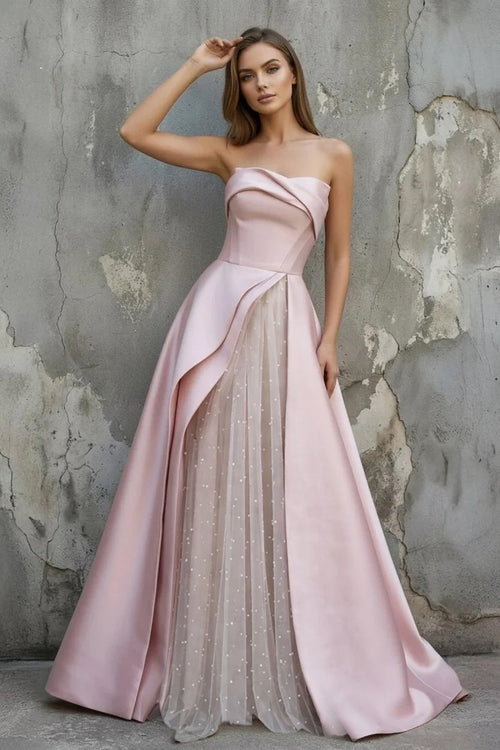 KissProm- Pink Satin A-Line Floor-Length Evening Gown with Slit Strapless Prom Dress