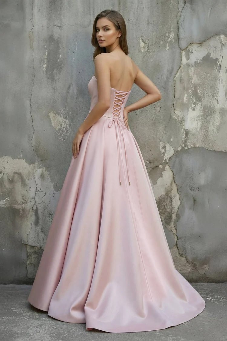 Pink Satin A-Line Floor-Length Evening Gown with Slit Strapless Prom Dress Pink / 8