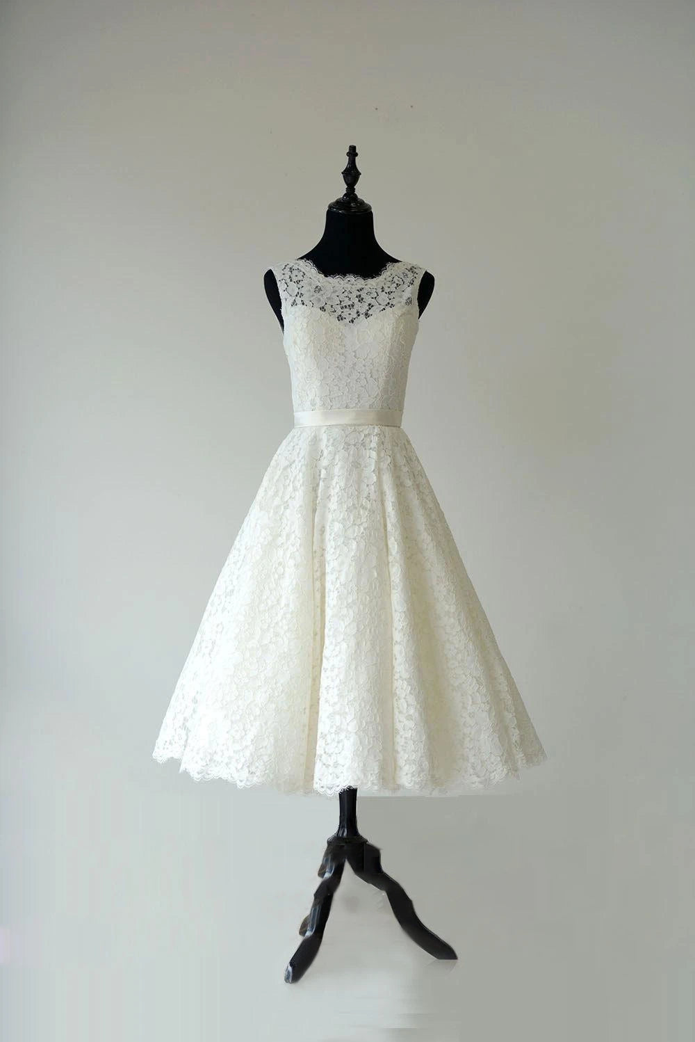 Sleeveless Sheer Illusion Neckline Tea Length Garden Bridal Dress With Waistband