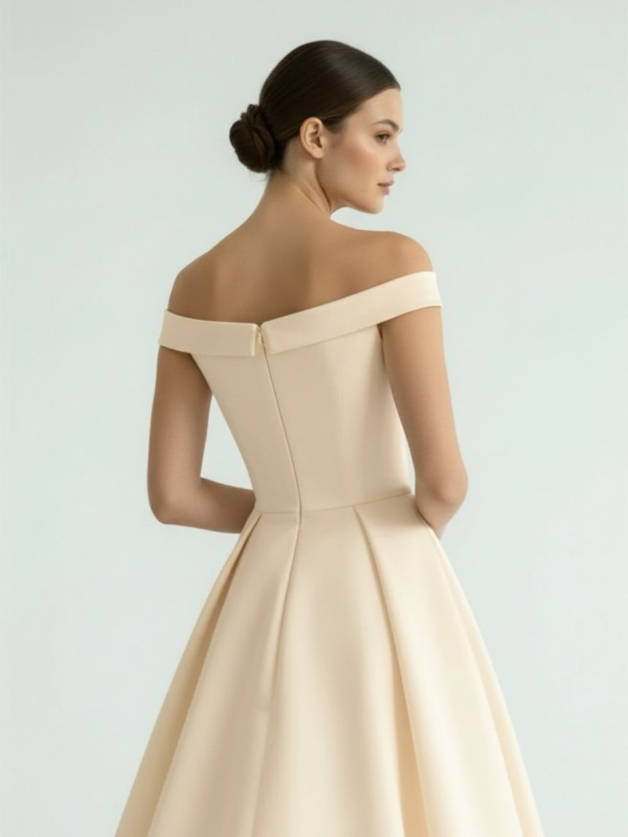 Sleeveless Tea - Length Satin Wedding Dress With Sash And Off - The - Shoulder Neck - KissProm
