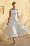 Sleeveless Tea - Length Satin Wedding Dress With Sash And Off - The - Shoulder Neck – Wedding Dresses by KissProm | Available at KissProm