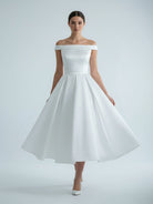 Sleeveless Tea - Length Satin Wedding Dress With Sash And Off - The - Shoulder Neck - KissProm