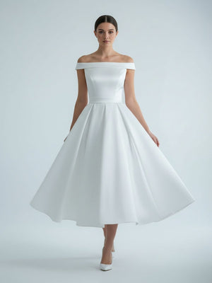 Sleeveless Tea - Length Satin Wedding Dress With Sash And Off - The - Shoulder Neck - KissProm