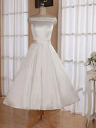 Sleeveless Tea - Length Satin Wedding Dress With Sash And Off - The - Shoulder Neck - KissProm