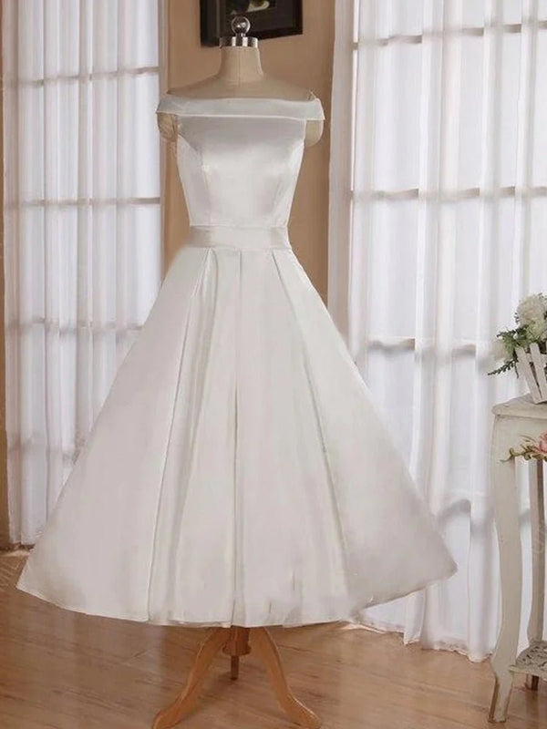 Sleeveless Tea - Length Satin Wedding Dress With Sash And Off - The - Shoulder Neck - KissProm