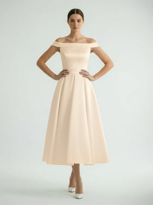 Sleeveless Tea - Length Satin Wedding Dress With Sash And Off - The - Shoulder Neck - KissProm