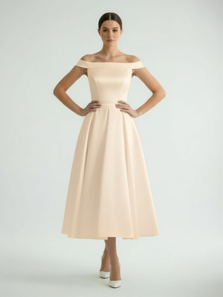 Sleeveless Tea - Length Satin Wedding Dress With Sash And Off - The - Shoulder Neck - KissProm