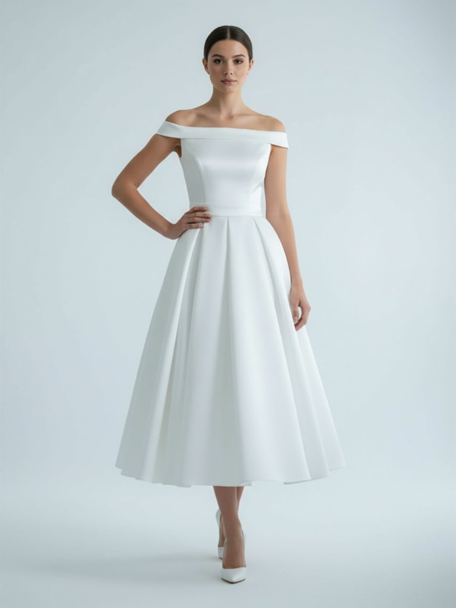 Sleeveless Tea - Length Satin Wedding Dress With Sash And Off - The - Shoulder Neck - KissProm