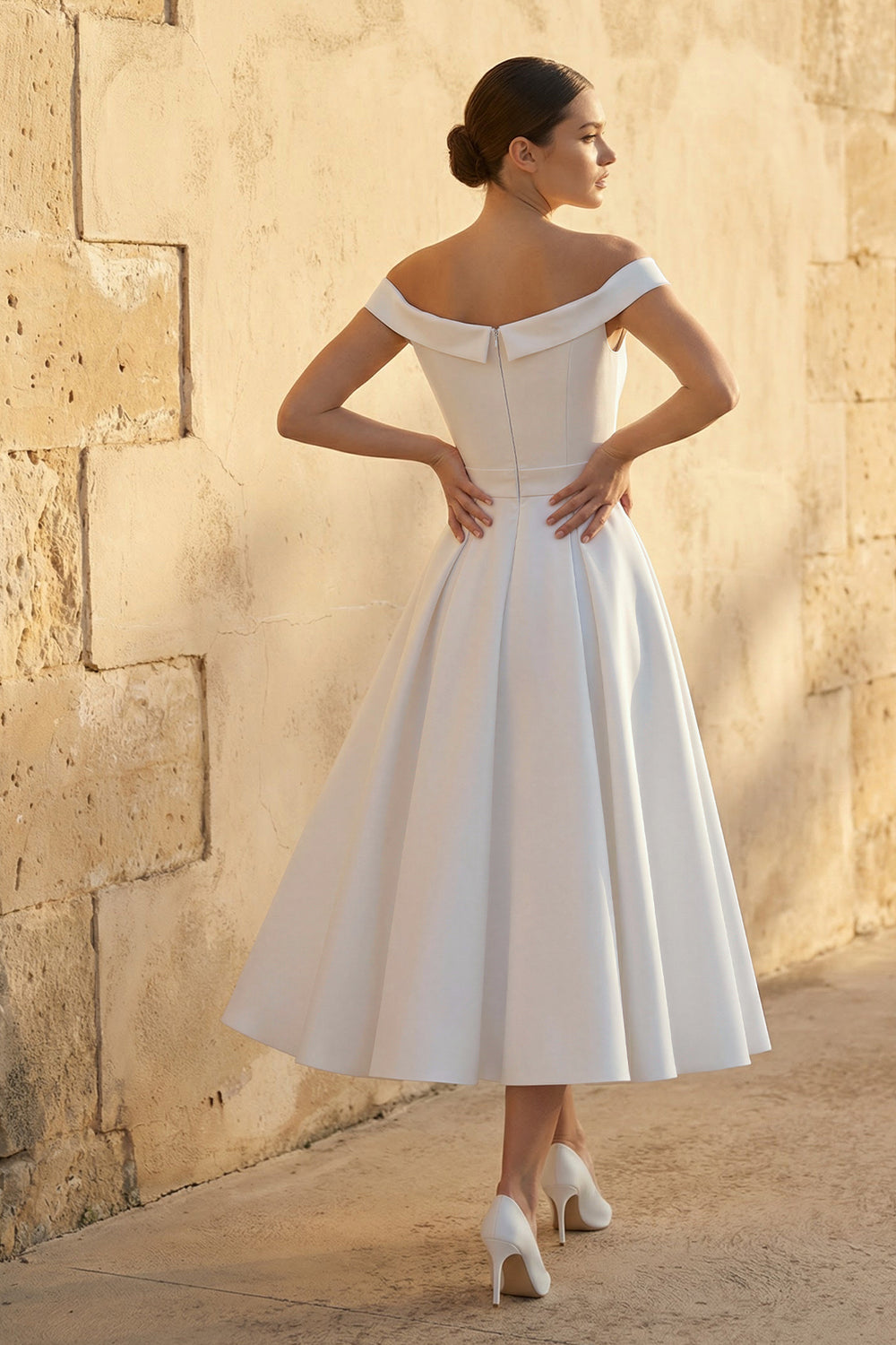 Sleeveless Tea - Length Satin Wedding Dress With Sash And Off - The - Shoulder Neck – Wedding Dresses by KissProm | Available at KissProm