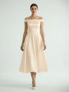 Sleeveless Tea - Length Satin Wedding Dress With Sash And Off - The - Shoulder Neck - KissProm
