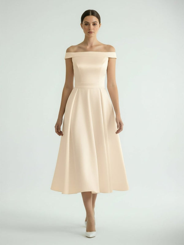 Sleeveless Tea - Length Satin Wedding Dress With Sash And Off - The - Shoulder Neck - KissProm
