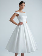 Sleeveless Tea - Length Satin Wedding Dress With Sash And Off - The - Shoulder Neck - KissProm