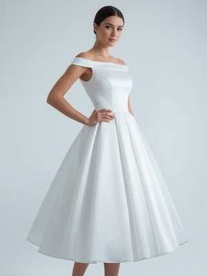 Sleeveless Tea - Length Satin Wedding Dress With Sash And Off - The - Shoulder Neck - KissProm