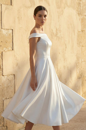 Sleeveless Tea - Length Satin Wedding Dress With Sash And Off - The - Shoulder Neck – Wedding Dresses by KissProm | Available at KissProm