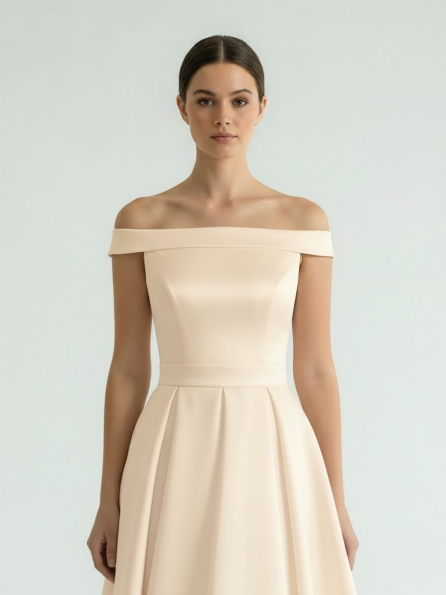 Sleeveless Tea - Length Satin Wedding Dress With Sash And Off - The - Shoulder Neck - KissProm