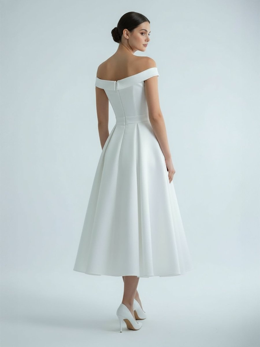 KissProm Sleeveless Tea-Length Satin Wedding Dress With Sash And Off-The-Shoulder Neck, Diamond White / 6