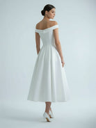 Sleeveless Tea - Length Satin Wedding Dress With Sash And Off - The - Shoulder Neck - KissProm