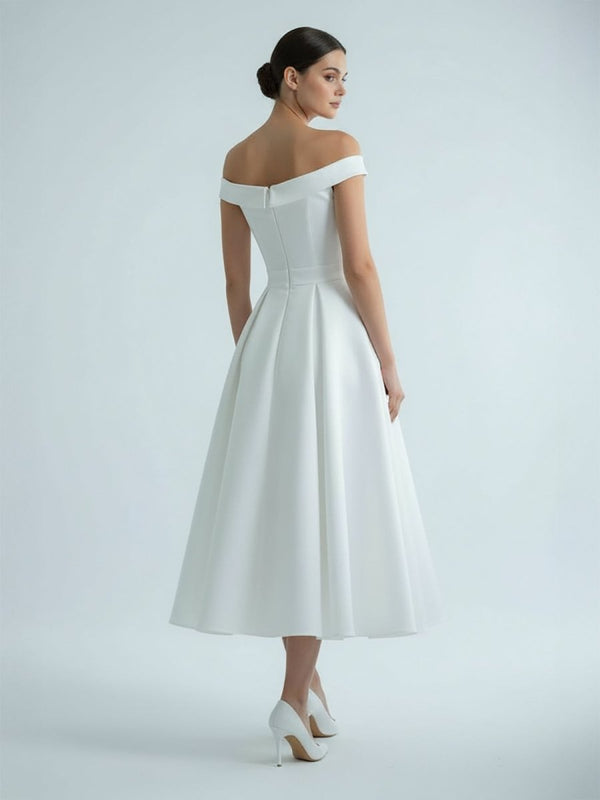 Sleeveless Tea - Length Satin Wedding Dress With Sash And Off - The - Shoulder Neck - KissProm