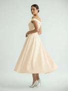 Sleeveless Tea - Length Satin Wedding Dress With Sash And Off - The - Shoulder Neck - KissProm