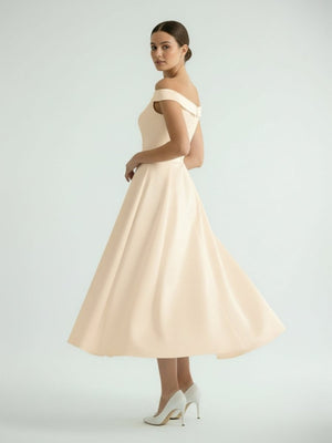 Sleeveless Tea - Length Satin Wedding Dress With Sash And Off - The - Shoulder Neck - KissProm