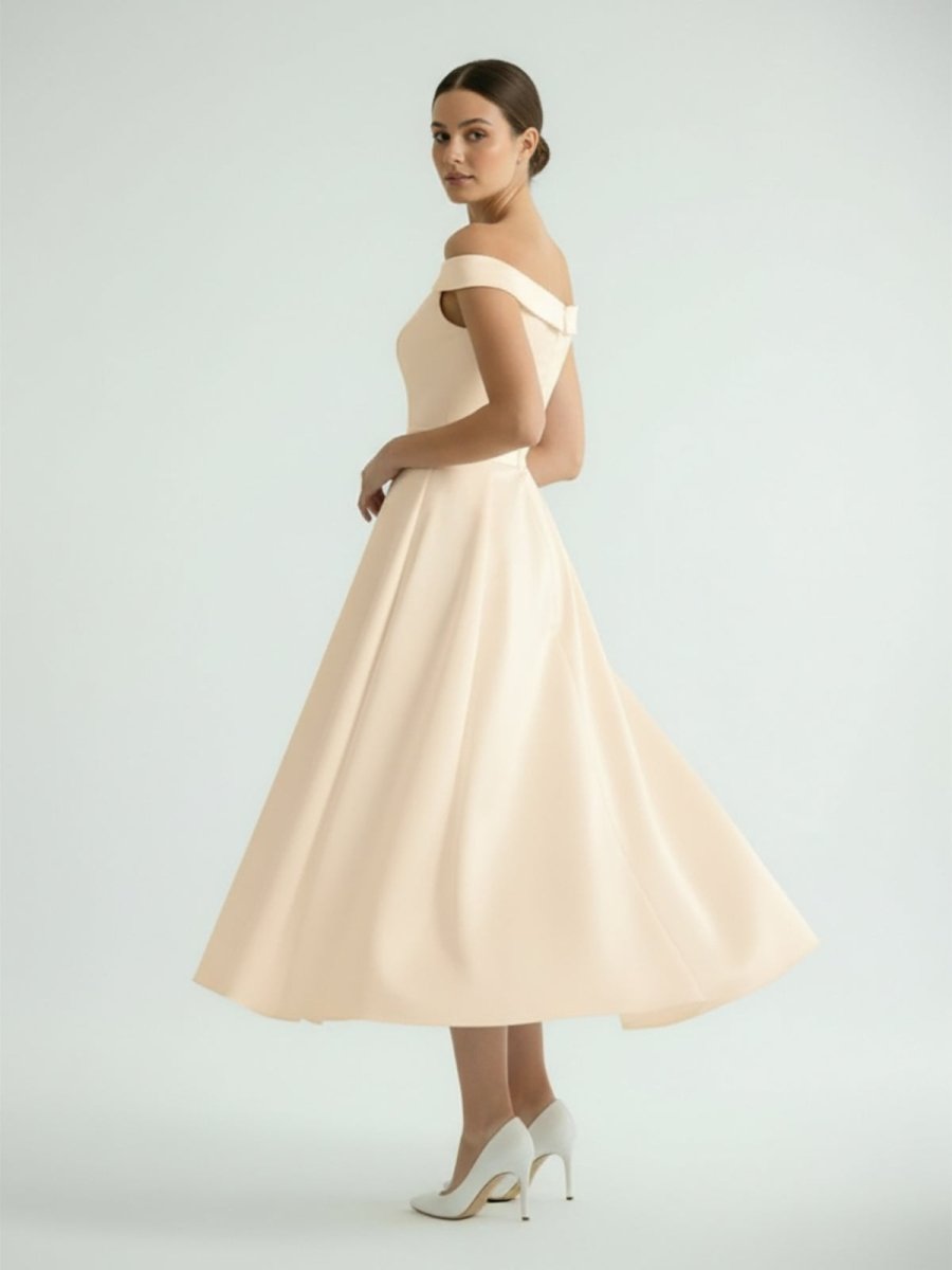 Sleeveless Tea - Length Satin Wedding Dress With Sash And Off - The - Shoulder Neck - KissProm