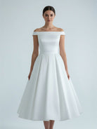 Sleeveless Tea - Length Satin Wedding Dress With Sash And Off - The - Shoulder Neck - KissProm