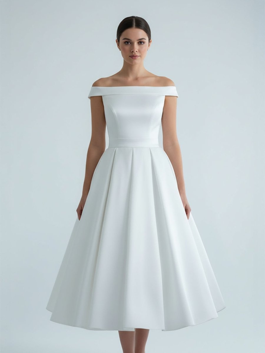 Sleeveless Tea - Length Satin Wedding Dress With Sash And Off - The - Shoulder Neck - KissProm