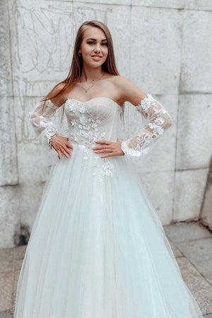 Sleeves Sweetheart A-line Lace Detachable Sleeves Lace Wedding Dress