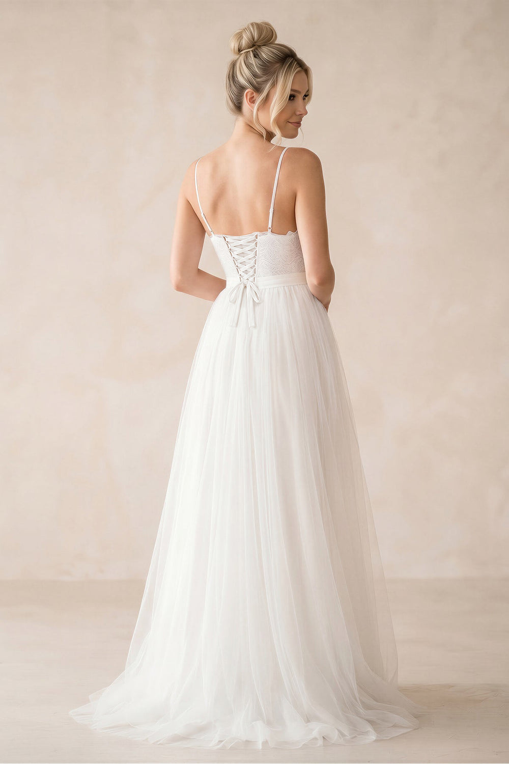 A-Line Tulle Spaghetti Straps Wedding Dresses With Lace Appliques – Wedding Dresses by KissProm | Available at KissProm