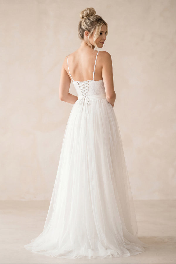 A-Line Tulle Spaghetti Straps Wedding Dresses With Lace Appliques – Wedding Dresses by KissProm | Available at KissProm