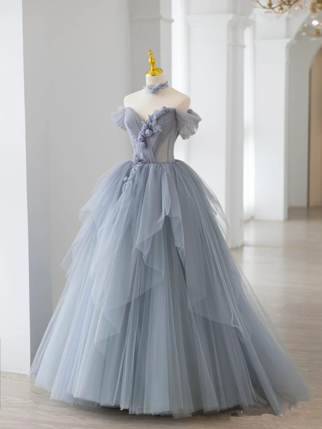 Smoke Gray Ball Gown Off The Shoulder Lace-Up Back Quinceanera Dress