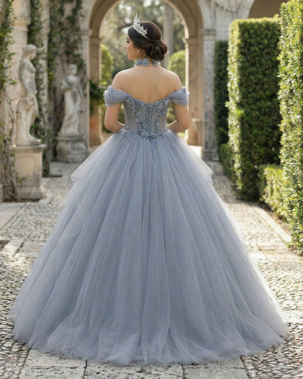 KissProm- Grey Blue Ball Gown Off The Shoulder Lace-Up Back Quinceanera Dress