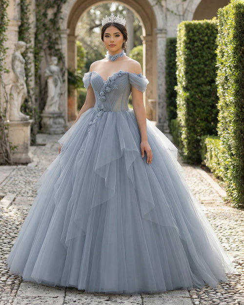KissProm- Grey Blue Ball Gown Off The Shoulder Lace-Up Back Quinceanera Dress